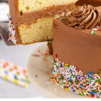 slice of birthday cake being lifted from the rest of the cake with recipe name at the bottom