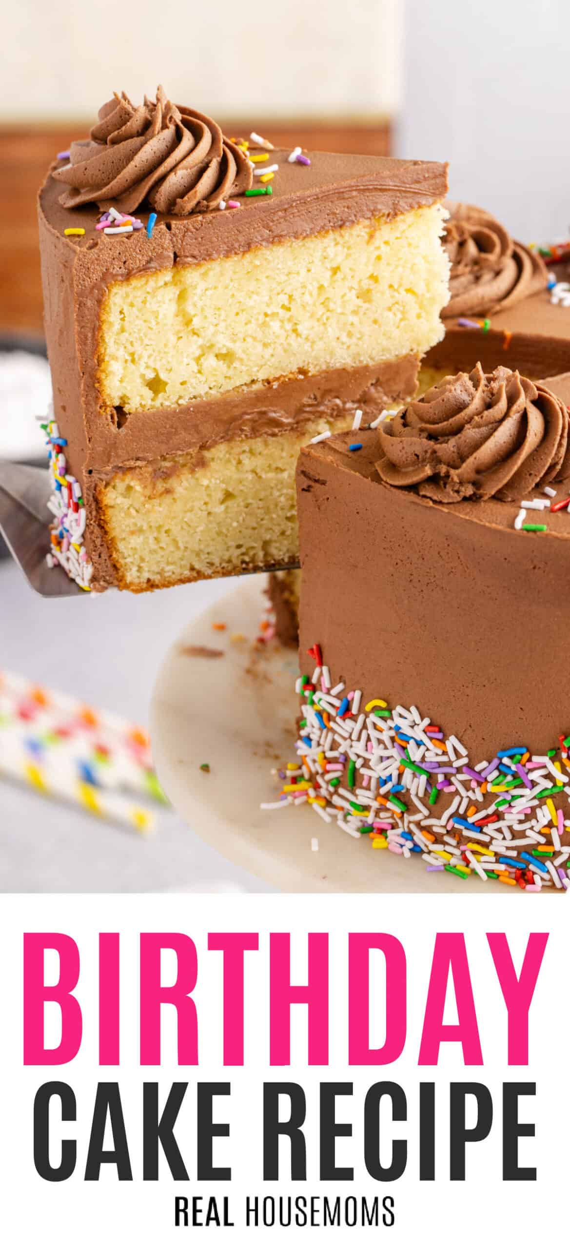 slice of birthday cake being lifted from the rest of the cake with recipe name at the bottom