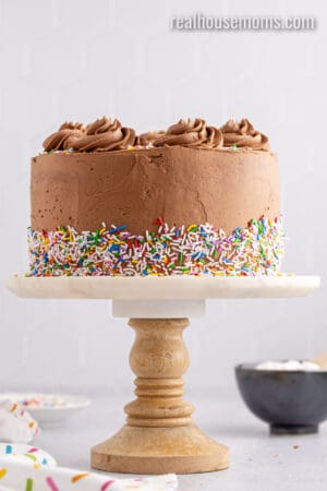 birthday cake decorated with sprinkles around the bottom edge and rosettes and sprinkles on top on a cake stand