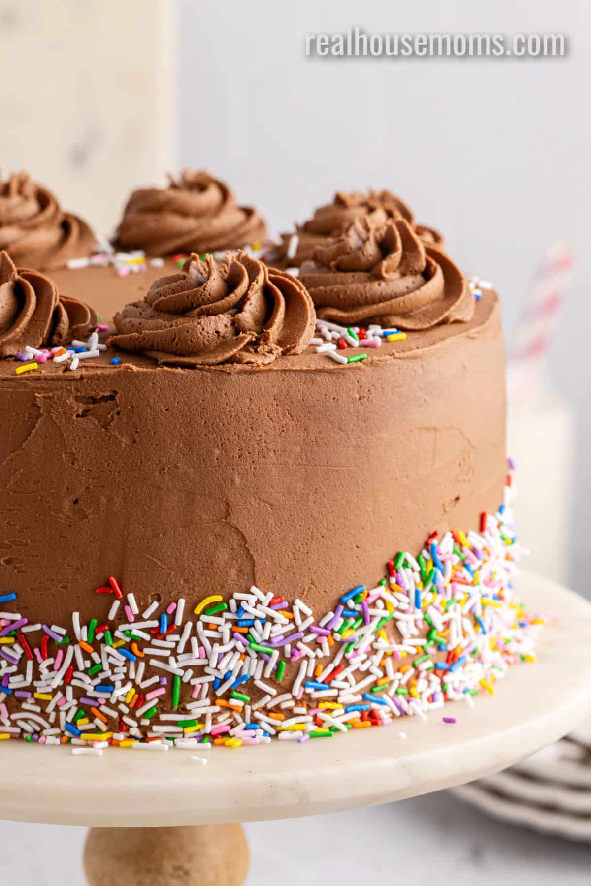 close up of view of a birthday cake decorated with sprinkles and frosting rosettes on top