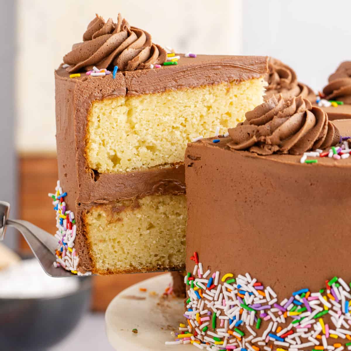 square image of a slice of birthday cake being taken from the rest of the cake