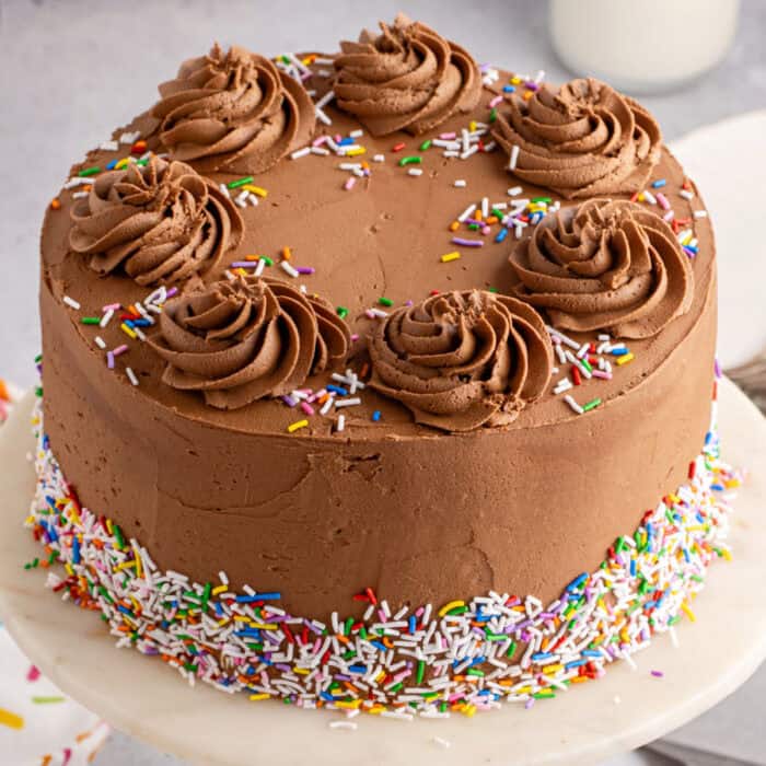 square image of a whole birthday decorated with sprinkles and frosting rosettes