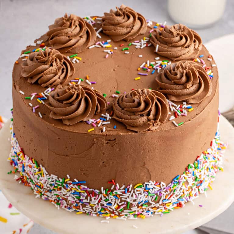 square image of a whole birthday decorated with sprinkles and frosting rosettes