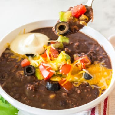 Black Bean Soup is an easy, heart-healthy meal. Made with lean ground turkey, it’s a perfectly delicious and hearty soup recipe for a cold day!