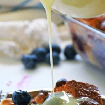 BLUEBERRY BREAD PUDDING is a sweet Southern treat drizzled with an amazing white chocolate sauce. Enjoy this easy recipe for a sweet breakfast treat or a special dessert!