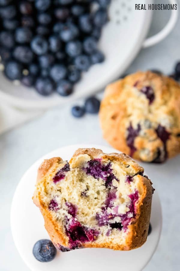 blueberry muffin broken in half to show inside