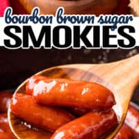 top is a bourbon brown sugar smokies being held with a toothpick with a wooden bowl in the background, bottom a wooden spoon holding two bourbon brown sugar smokies