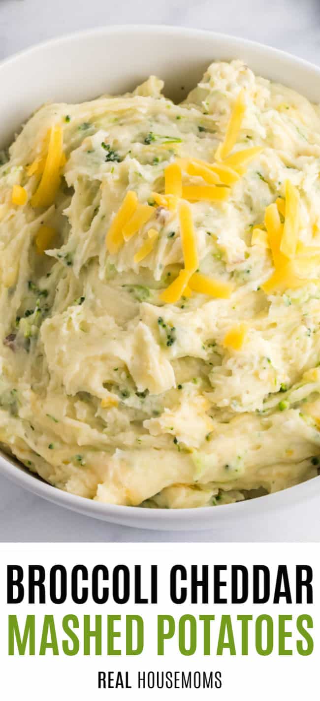 close up of broccoli cheddar mashed potatoes topped with cheese