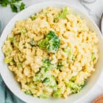 square image of broccoli mac and cheese in a serving bowl