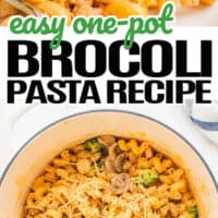 top image of broccoli pasta on a plate with a fork, bottom image boiled pasta and broccoli in a large pot with creamy tomato sauce. In the middle of the two post is th title of the post in blue and black lettering