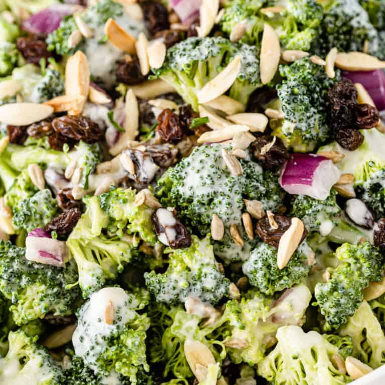 square close up image of broccoli salad