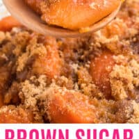 brown sugar and maple sweet potatoes on a spoon over the dish with recipe name at the bottom