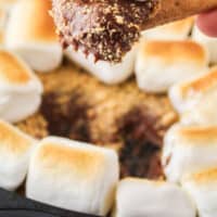 brownie batter s'mores dip with toasted marshmallow on a graham cracker stick with recipe name at bottom