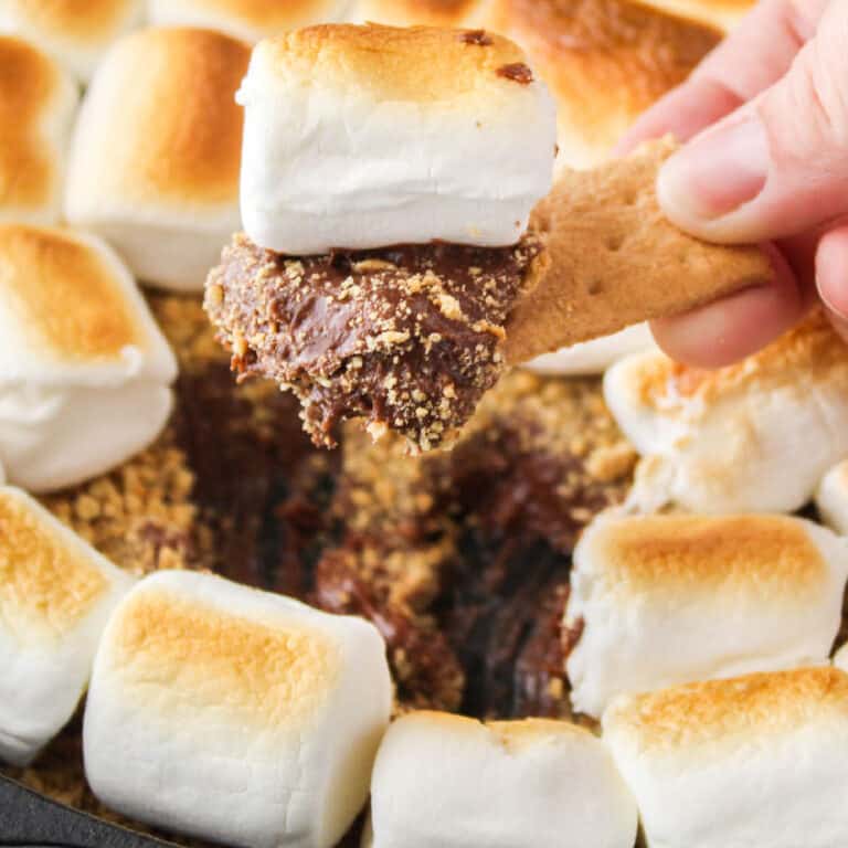 square image of brownie batter s'mores dip on a graham cracker stick