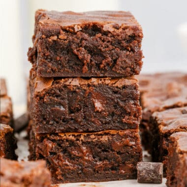 square image of 3 brownies stacked up