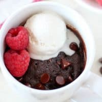Satisfy your brownie craving in minutes with this fudgy and delicious single-serving Brownie in a Mug! So chocolatey and even better topped with ice cream and raspberries!