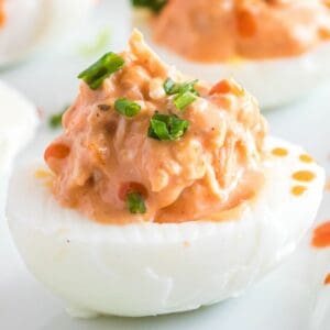 Buffalo Chicken Deviled Eggs are spicy, crunchy, and creamy! They’re a fantastic appetizer for holiday gatherings, tailgate parties, or girls' night in!