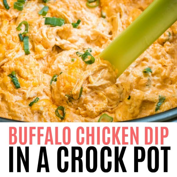square image of buffalo chicken dip in a crock pot with text