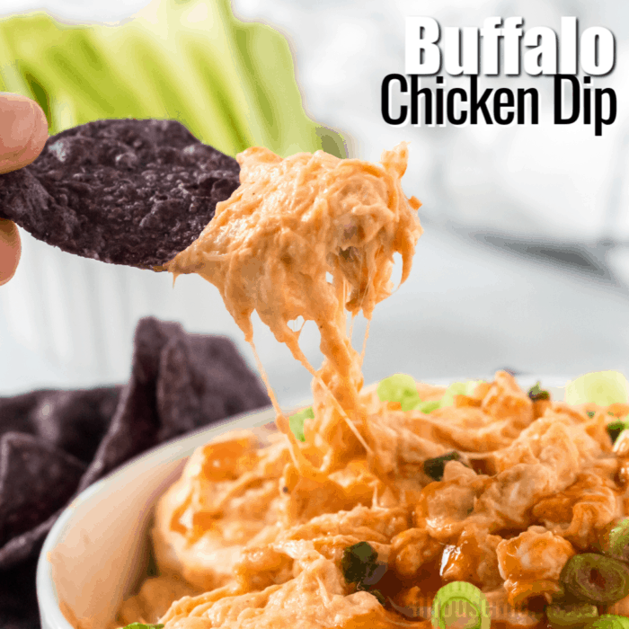 square image of buffalo chicken dip with text