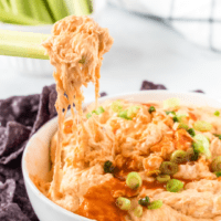 This spicy and delicious baked Buffalo Chicken Dip has the perfect blend of cheese, ranch & hot sauce! Your guests will empty the bowl before you know it! 