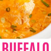 tortilla chip dipped into buffalo chicken dip in the crock pot with recipe name at the bottom