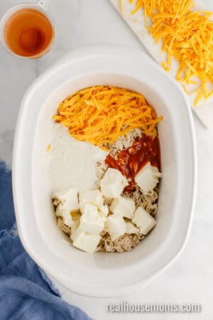 shredded chicken, cheeses, ranch, and buffalo sauce in a slow cooker