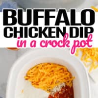 top picture is a bowl full of buffalo chicken dip with a chip being dipped, bottom is an over the top view of buffalo chicken dip in the crock pot with black and pink writing in the middle