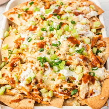 square image of buffalo chicken nachos