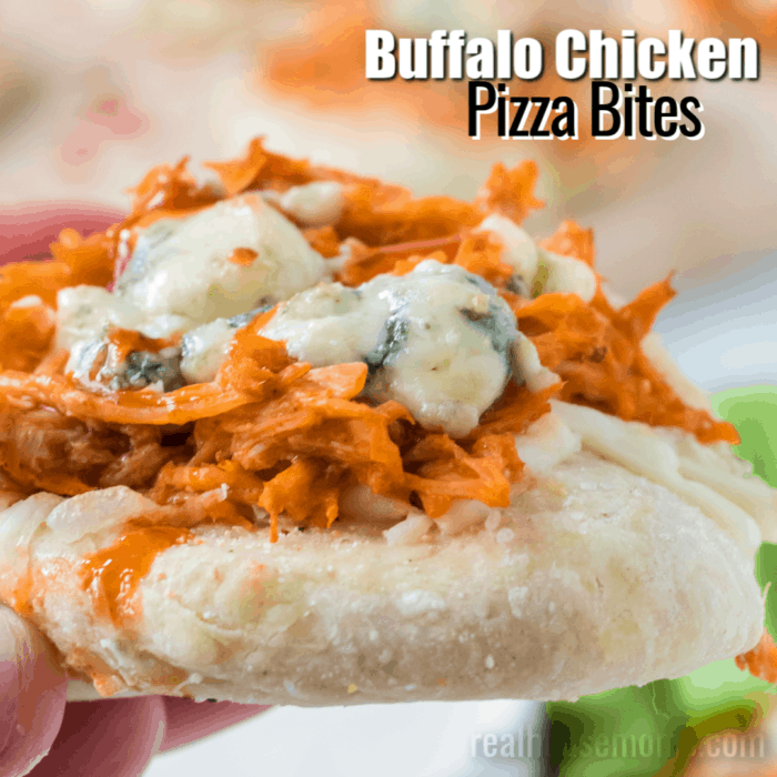 square image of buffalo chicken pizza bites with text