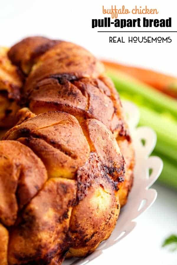 Creamy buffalo ranch covered chicken and pepper jack cheese, wrapped in bread dough, and baked in a bundt pan to make a savory & delicious BUFFALO CHICKEN PULL-APART BREAD!