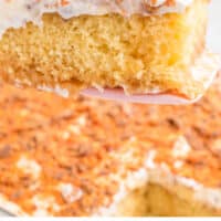 slice of butterfinger cake on a spatula over the cake with recipe name at the bottom