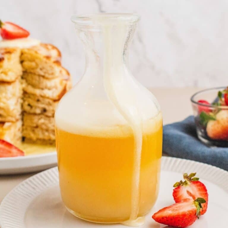 square image of buttermilk syrup in a glass carafe