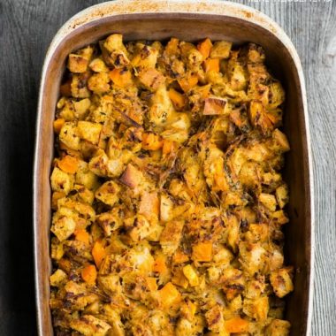 Butternut Squash and Leek Stuffing is a fall favorite, perfect for Thanksgiving. This classic dressing side dish can be a great vegetarian option too!