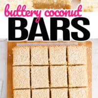 top picture is a pile of buttery coconut bars, bottom is a sheet tray of square buttery coconut bars
