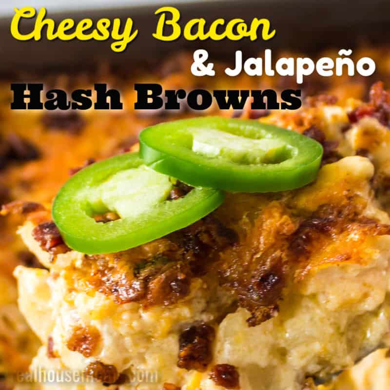 Cheesy Bacon & Jalapeno Hash Brown Casserole is a spicy and rich side dish! It pairs perfectly with comfort food like a ham dinner, pork chops or pot roast! square image of bacon jalapeno hash brown casserole