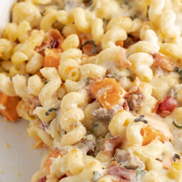 My Cheesy Sausage, Bacon & Sweet Potato Pasta Bake is filled with veggies, protein, so much flavor! Make it ahead and pop it in the oven when you're ready. You'll have a nutritious and filling dinner on the table in just 30 minutes!