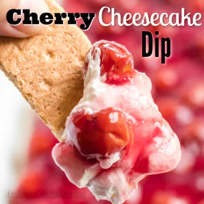 square image of cherry cheesecake dip with text