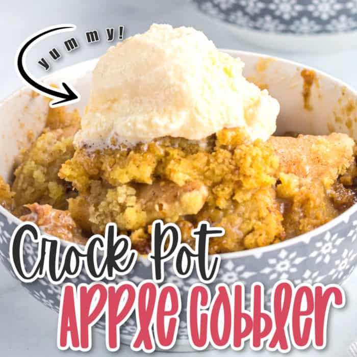 square image of apple cobbler in a bowl with ice cream on top