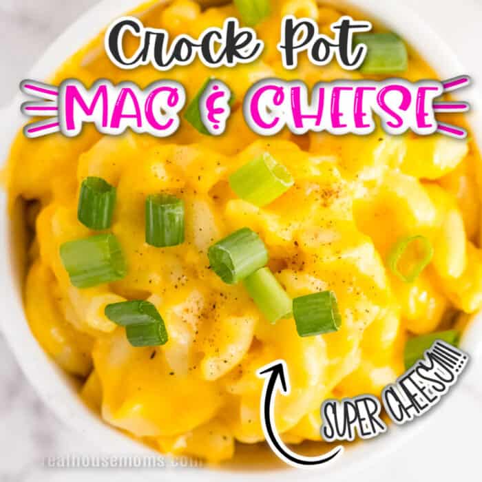 square image of close up of Mac and cheese in a white bowl