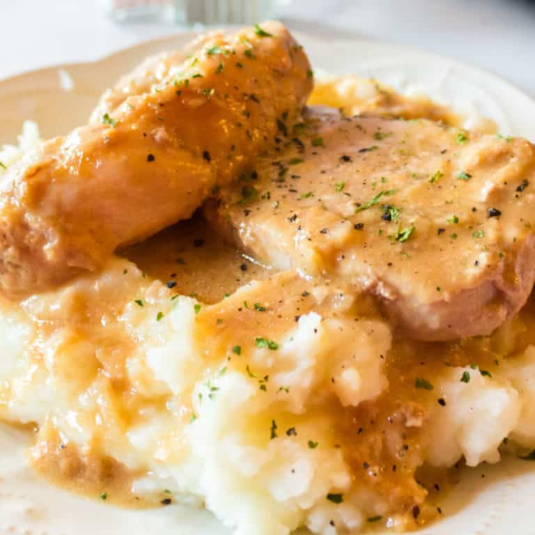 Close up of crock pot pork chops with mashed potatoes