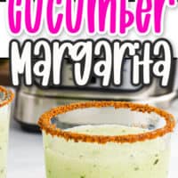 two images of cucumber margarita, top image close up of the top of the drink, bottom, close up of a glass of margarita