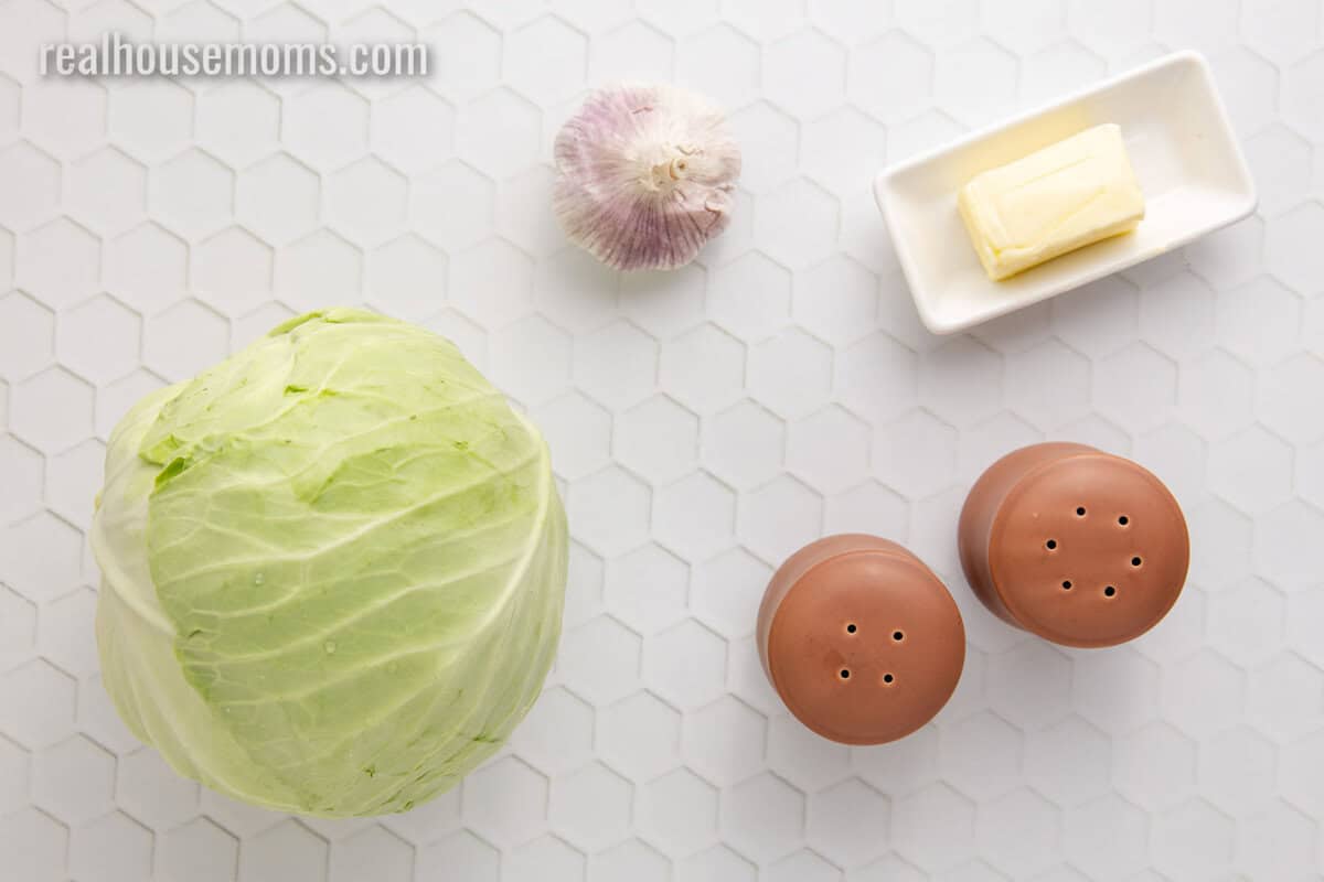 looking down at ingredients to make cabbage steaks laid out on a counter