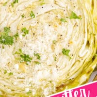 image of a roasted cabbage steak topped with parmesan and parsley with the title of the post on the bottom right highlighted in pink banner with black lettering