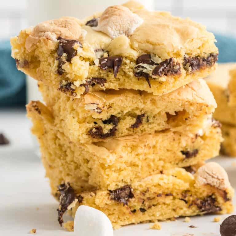square iamge of cake mix cookie bars stacked up