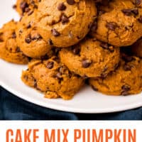 cake mix pumpkin chocolate chips cookies piled on a plate with recipe name at the bottom