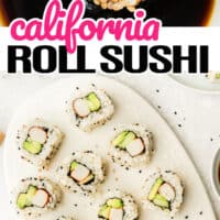 image of chopsticks dipping a california roll slice into a bowl of soy sauce, bottom image california roll slices on a platter with recipe name at the bottom with the title of the post in the middle of the two images in pink and black lettering