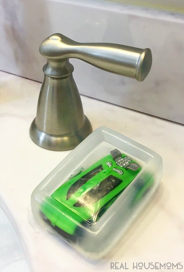 Make hand-washing more fun with some DIY RACE CAR SOAP in the bathroom!