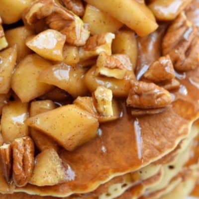 These CARAMEL APPLE AND PECAN PANCAKES are an easy breakfast packed full of the fall flavors you love!