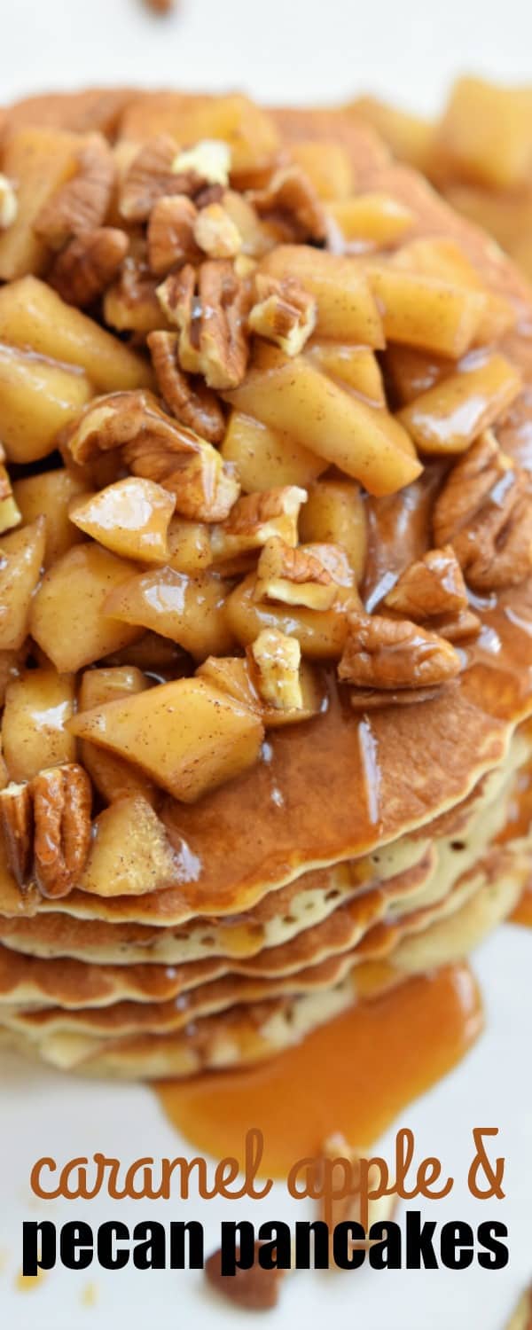 These CARAMEL APPLE AND PECAN PANCAKES are an easy breakfast packed full of the fall flavors you love!
