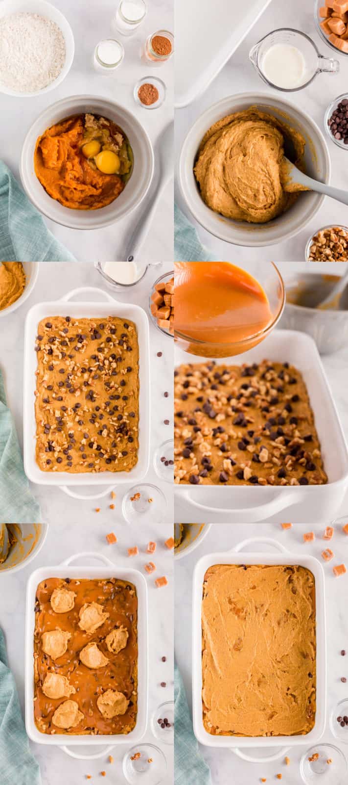 pumpkin blondies wet ingredients in a mixing bowl, pumpkin blondie batter in a bow after mixing. botter in a baking dish with chocolate chips and nuts on top. caramel sauce in a bowl about to be poured over blondie batter, batter paced in dllops over caramel layer, batter spread to cover caramel layer